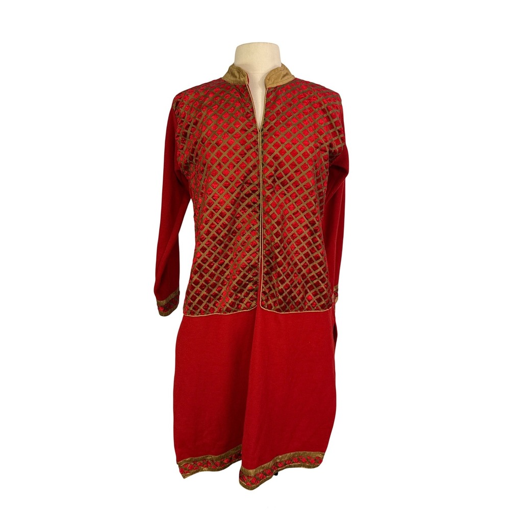 Care Well Asian Red Gold‎ Geometric Brocade Long Sleeve Top Tunic Dress Ethnic M
